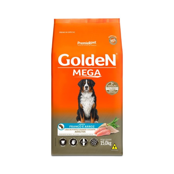 Ração Golden Mega para Cães Adultos de Porte Grande Sabor Frango e Arroz - 15 kg